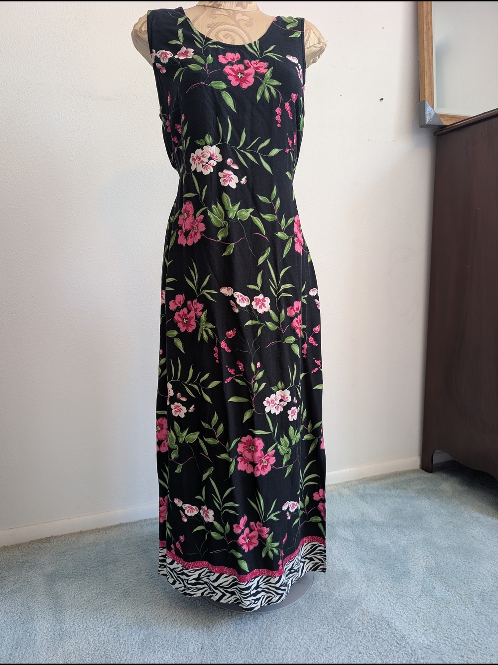 Vintage R & K Black Floral Maxi Dress with Pink Flowers & Zebra Bottom Trim